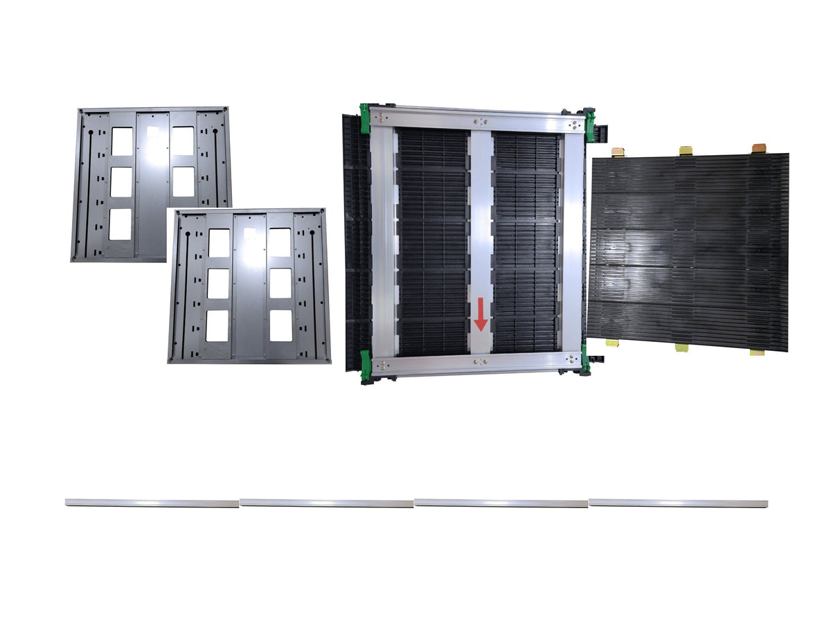 Frame & Plate Kit contents: top and bottom plates, movable side frame, fixed side frame, four aluminum pillars