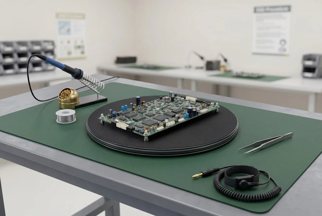 ESD turntable at a rework bench