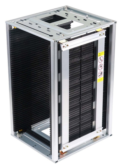 B0103GN-80C ESD PCB magazine rack, three-quarter view: black conductive side panels, aluminum pillars and steel base; 50 slots, 10 mm (0.394 in) pitch, gear-track adjust 50 to 250 mm (1.97 to 9.84 in), rated 80 °C (176 °F)