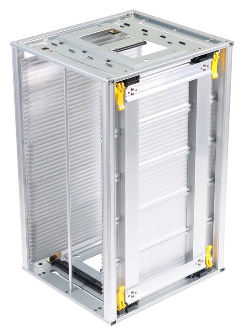 B0103GL HT-300C all-aluminum ESD PCB magazine rack, three-quarter view: aluminum side plates; 50 slots, 10 mm (0.394 in) pitch, gear-track adjust 50 to 250 mm (1.97 to 9.84 in), rated 300 °C (572 °F)