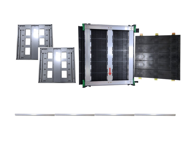 Frame & Plate Kit contents: top and bottom plates, movable side frame, fixed side frame, four aluminum pillars