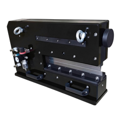 Front three-quarter view of the VPD5-330 showing the air regulator, gauge, blade slot and carry handles; pneumatic V-cut PCB depaneling machine, dual linear blade shear, 330 mm (12.99 in) cut, foot pedal, under 200 microstrain