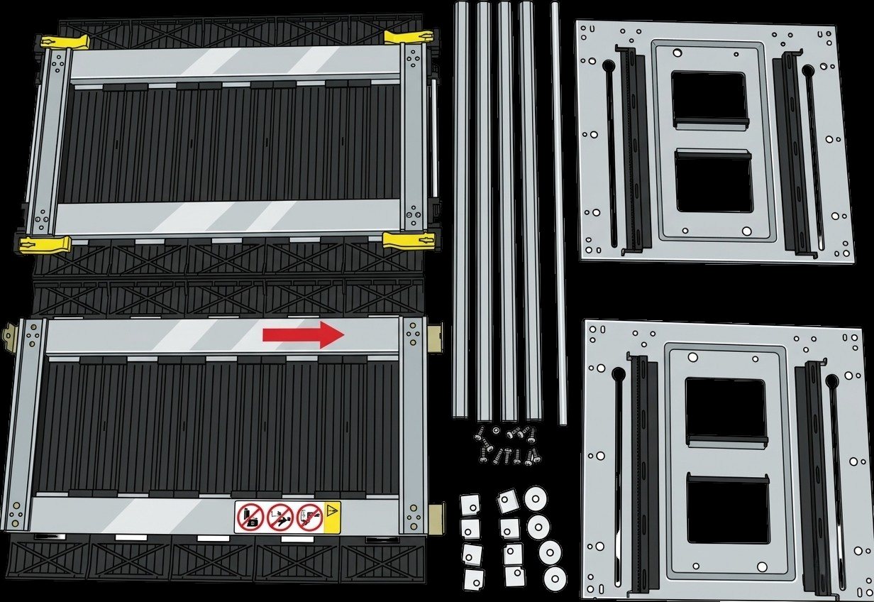 Exploded view of a PCB magazine rack: two slotted side panels, top and bottom plates, four rails, screws and washers