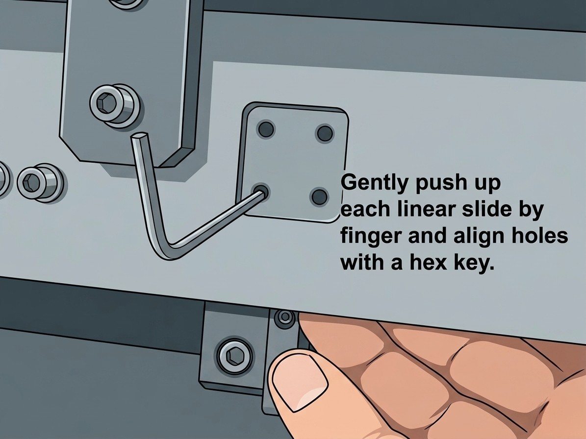 Aligning the linear slide holes with a hex key while pushing the slide up by finger