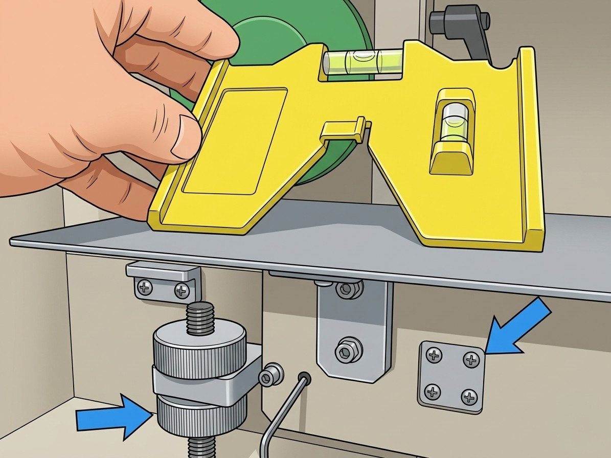 Spirit level set across the stage of a manual PCB depaneler with the height adjusters below