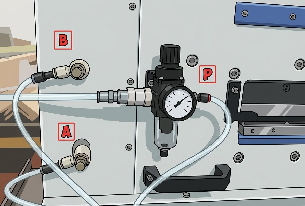 VPD5-330 air connections with supply port P and flow control valves A and B, tubing fitted