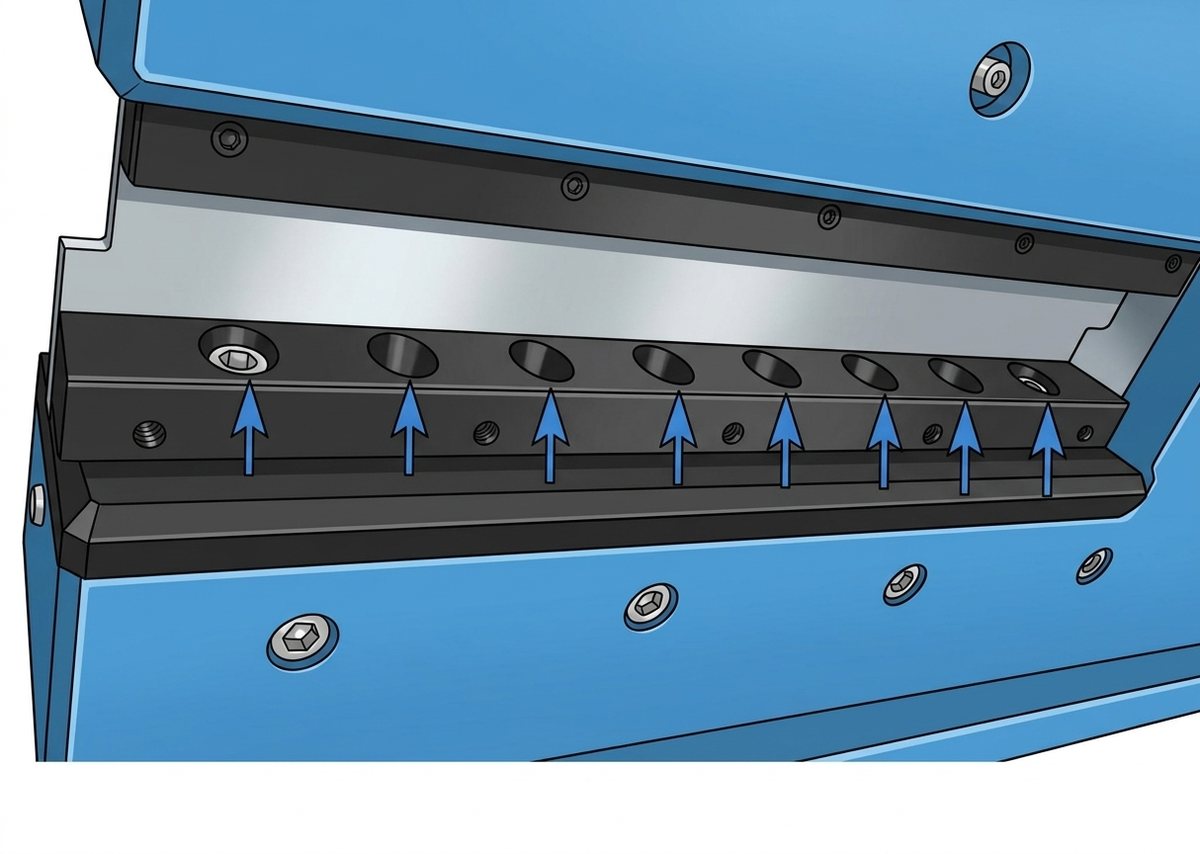 Lower knife seat on a V-cut depaneler with the locking bolt positions arrowed