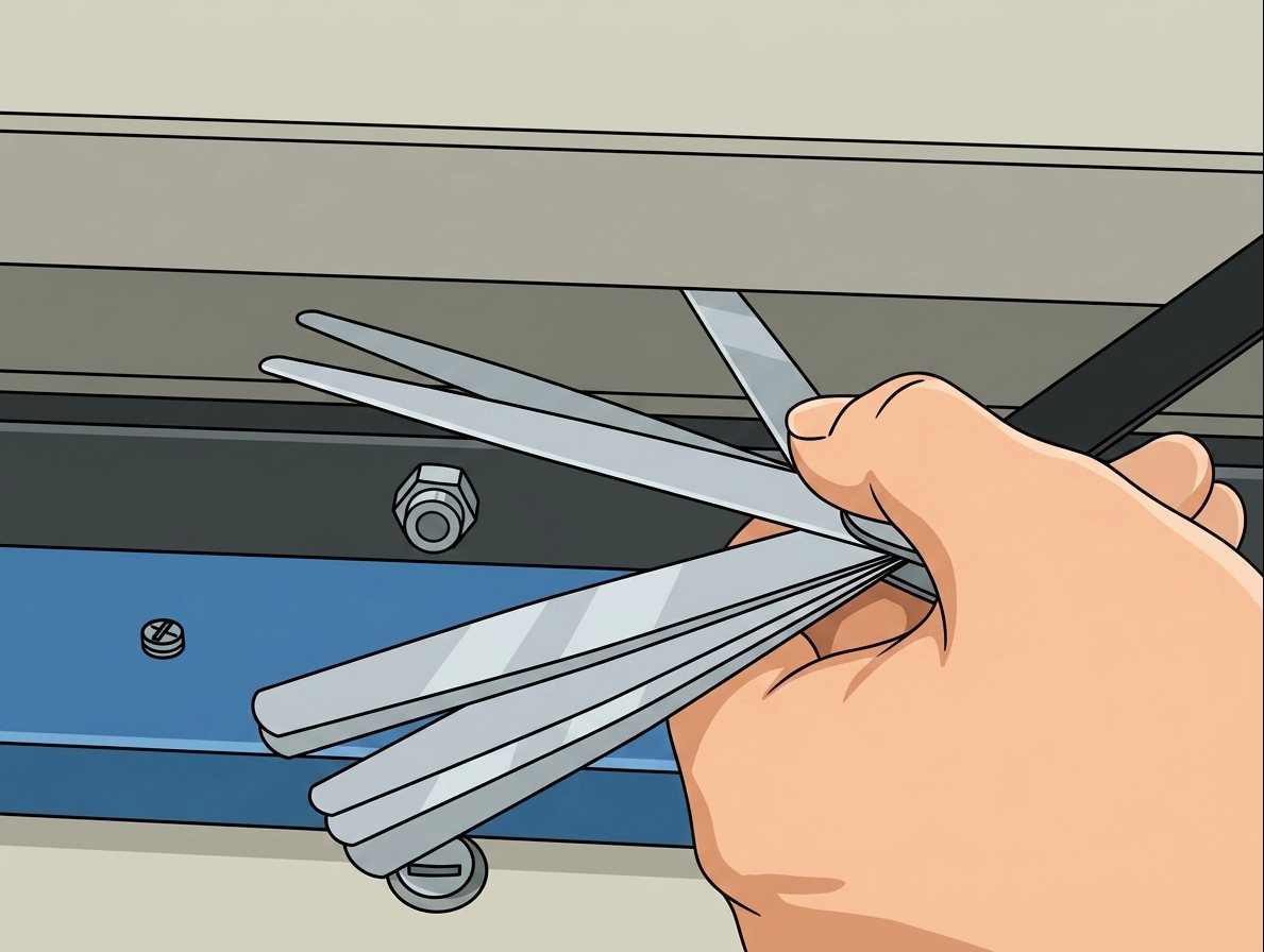 Feeler gauge checking the knife gap on a V-cut PCB depaneler