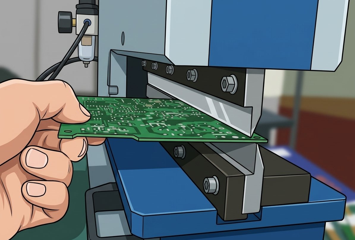 Operator feeding a v-scored PCB panel into a pneumatic depaneler