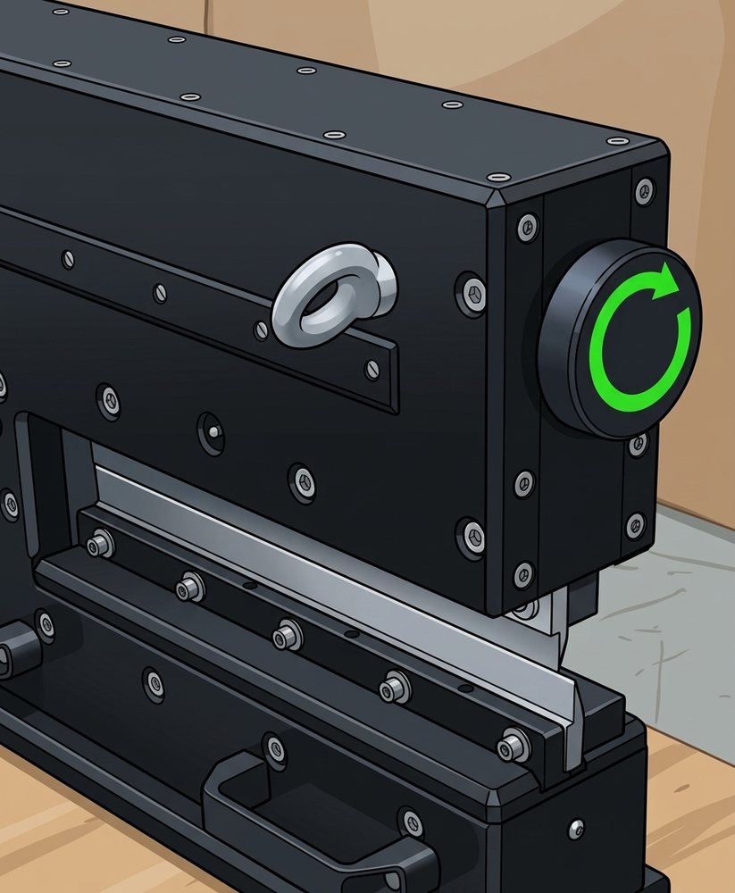 Adjustment knob on the end of a pneumatic V-cut depaneler, with the clockwise direction arrowed