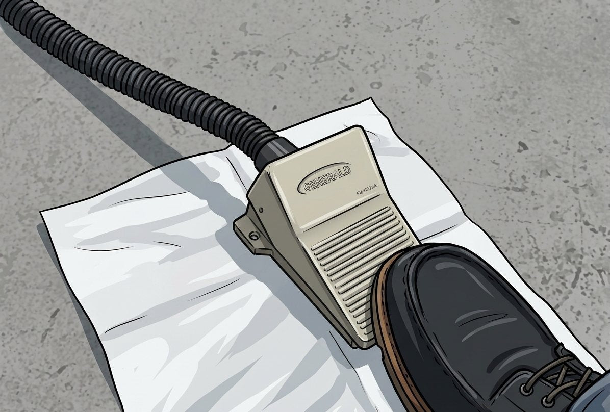 Foot switch for a pneumatic PCB depaneler in position on the floor