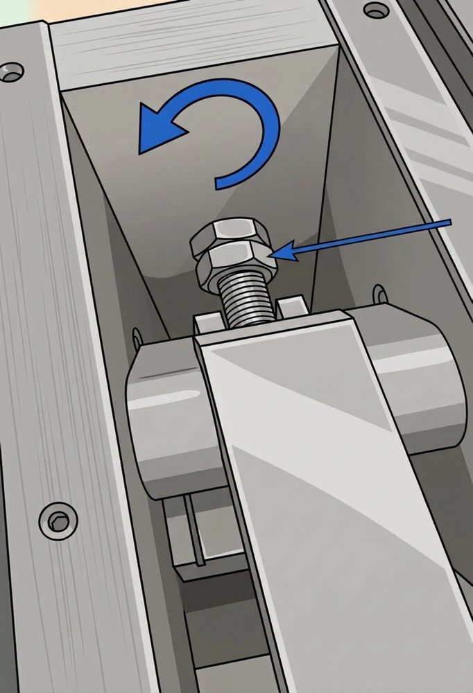 Jam nuts on the adjustment knob shaft with the loosening direction arrowed