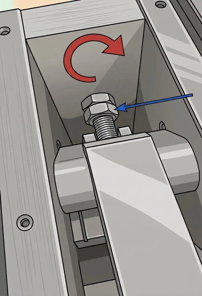 Jam nuts on the adjustment knob shaft with the tightening direction arrowed