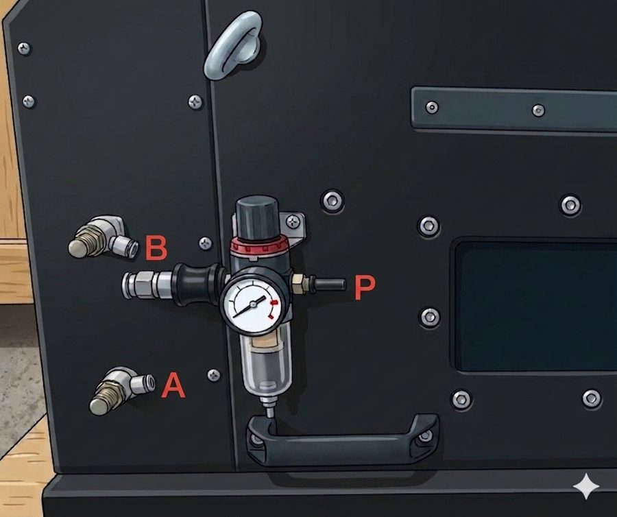 VPD5-330 pneumatic panel showing flow control valves A and B, port P and the pressure gauge