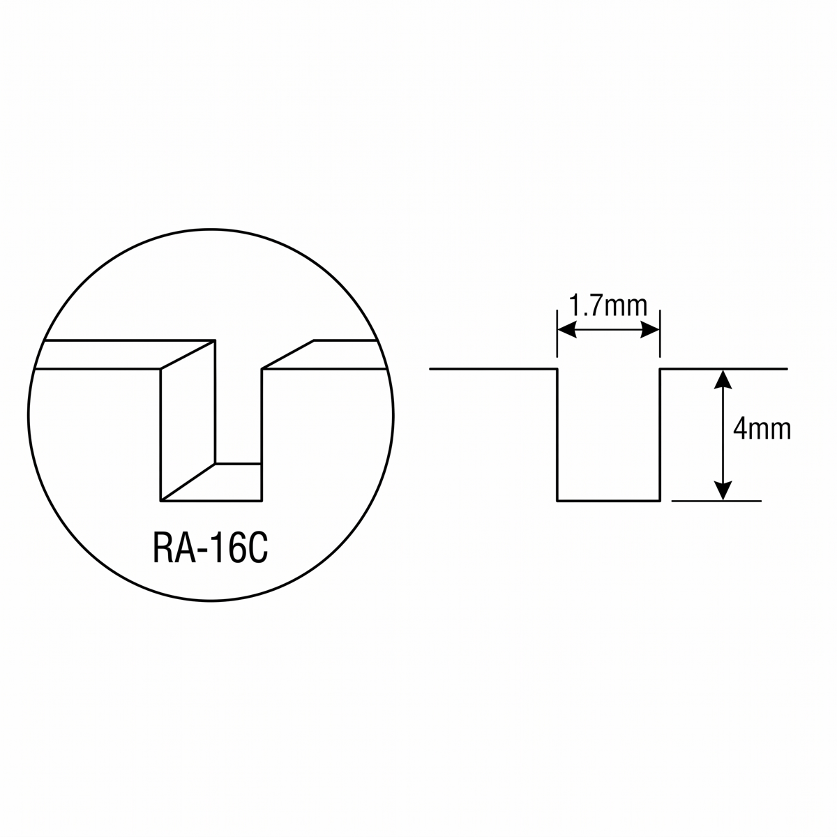 RA-16C slot profile: 1.7 mm wide, 4 mm deep, 15 mm pitch