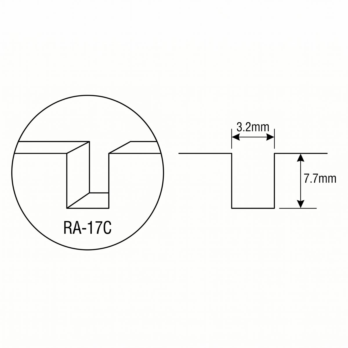 RA-17C slot profile: 3.2 mm wide, 7.7 mm deep, 16 mm pitch