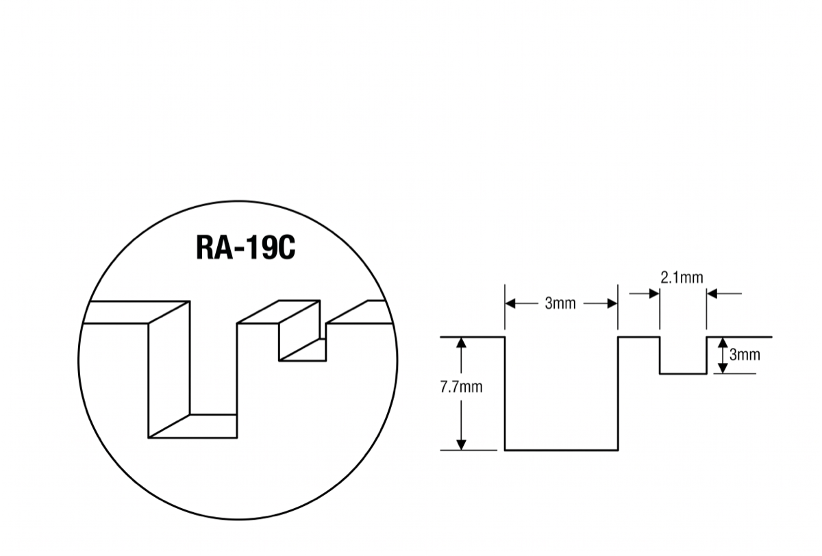 RA-19C double slot profile: deep 3 x 7.7 mm plus shallow 2.1 x 3 mm, 15 mm pitch
