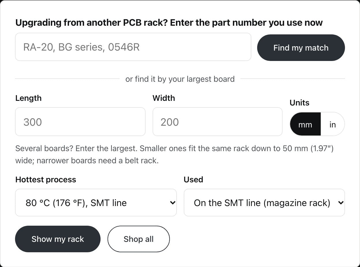 The PCB Rack Finder: part number or board size